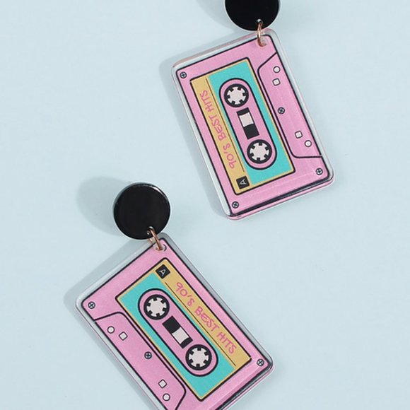Pink Retro Pink Cassette Tape Earrings EIGHTIES PUNK NEW WAVE FUNKY FUN Party - Picture 2 of 3